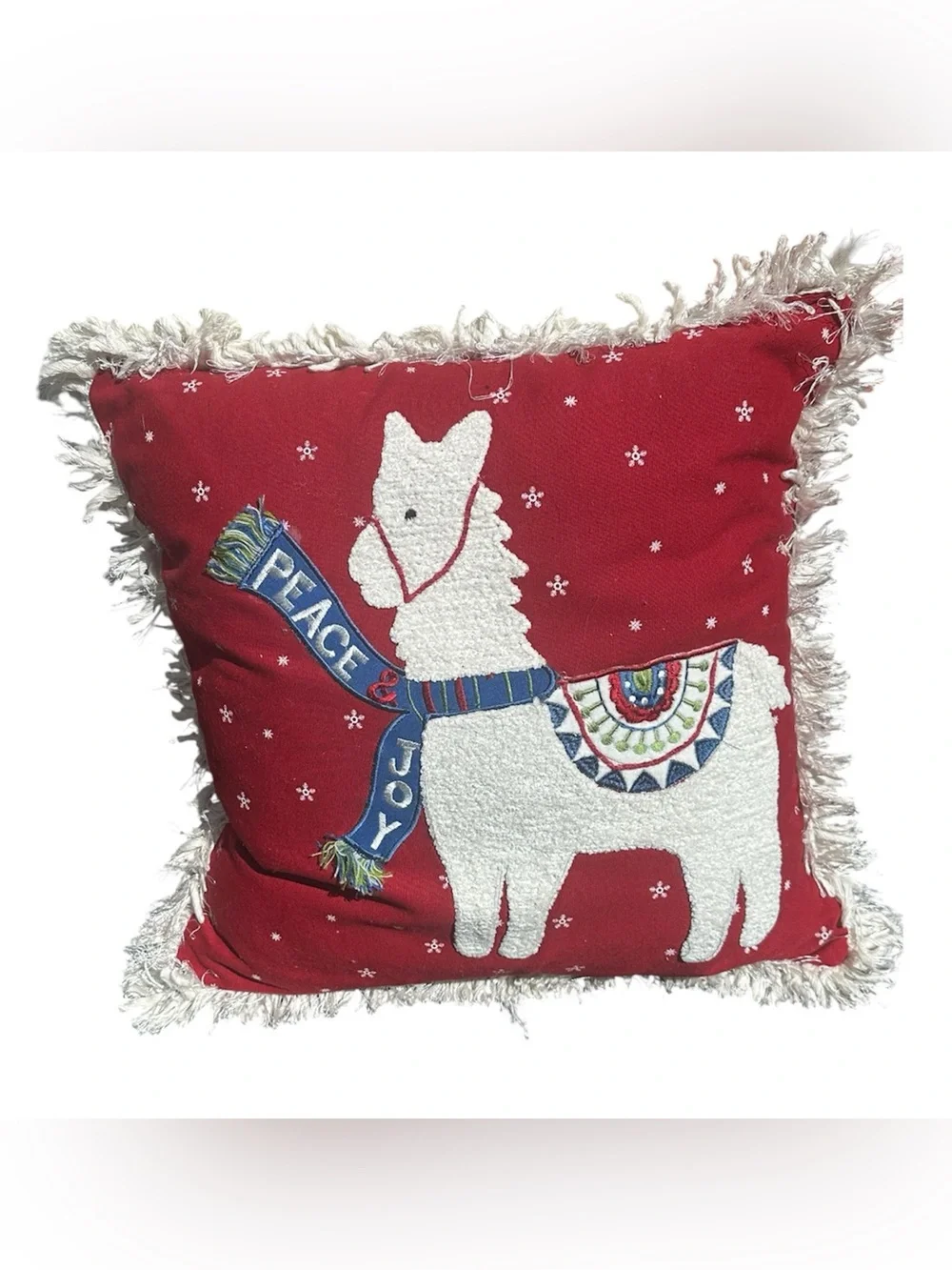 Pier 1 Christmas Pillow Cover Red White Embroidered Applique Llama Fringe 17x17